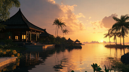 Fototapeta premium Serene Tropical Sunset Over Water Villas