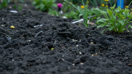 Dark Soil Texture Background with Blooming Flowers in the Background