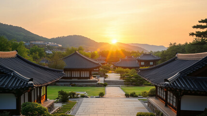 Serene Sunrise over Traditional Korean Village
