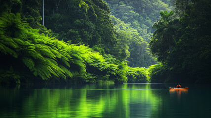 Person Kayaking on a Calm Tropical River Surrounded by Lush Greenery