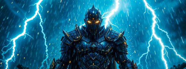 A powerful warrior standing amidst a raging thunderstorm with lightning illuminating their armor