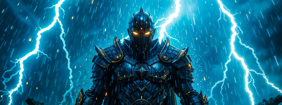 A powerful warrior standing amidst a raging thunderstorm with lightning illuminating their armor
