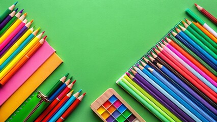 Fototapeta premium Colorful Back to School Supplies Flat Lay on Green Background - Stationery Photography
