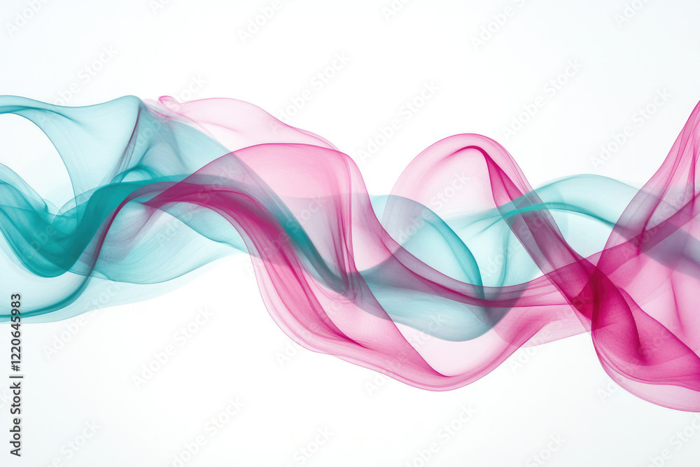 Poster abstract artwork featuring flowing teal and pink translucent waves on a white background.