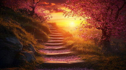 Magical Sunset Path Through Blossoming Trees