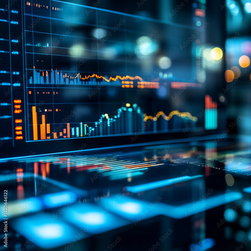 Poster Digital stock market data with glowing graphs and analytics in a futuristic interface. Business background
