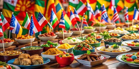 Colorful Flag Food Photography: Festive International Cuisine Buffet