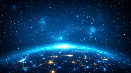 A dark blue background with the Earths glowing