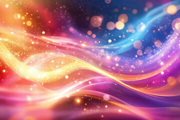 Fototapeta premium Abstract colorful waves with glittering particles and bokeh lights, creating a magical and dreamy atmosphere.