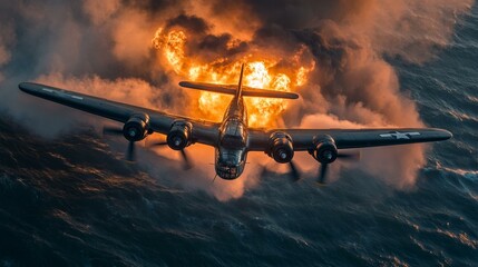 Wwii bomber aircraft over ocean with fiery explosion scene