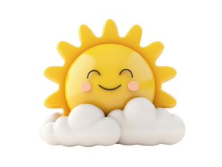 Isolated Cheerful Yellow Sun Character with Clouds