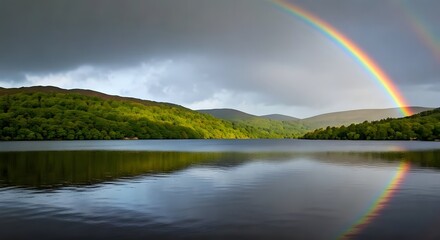 Naklejka premium A serene Irish lake reflecting the vibrant colors of a rainbow, AI Generated