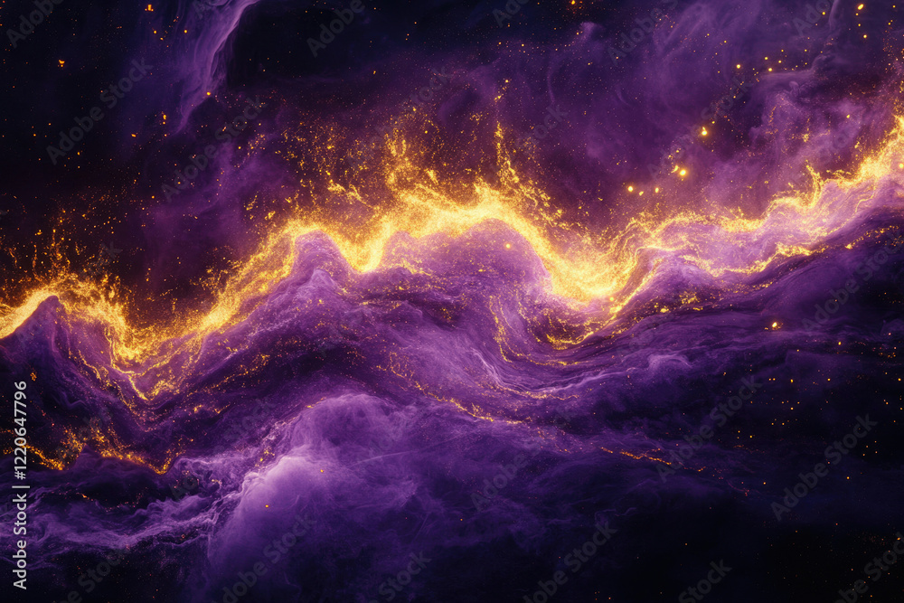 Poster abstract cosmic art depicting a nebula with swirling purple clouds and golden streams of stardust.