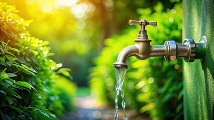 AI-generated digital art depicts lush greenery thriving under a flowing garden tap, a vibrant water feature.