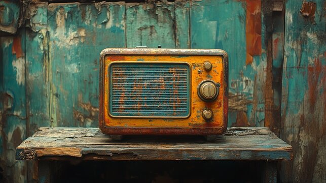 A vintage radio stands on a rustic shelf against a backdrop of chipped teal wooden panels adding a touch of nostalgia and worn charm to the scene