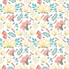 Colorful Floral Pattern with Leaves, Cute Small Flowers on Seamless Background