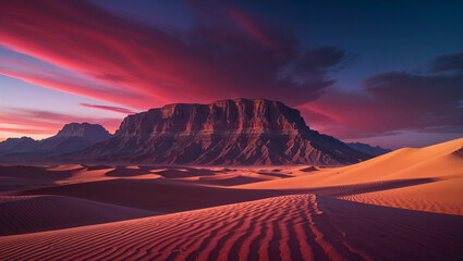 Fototapeta premium Majestic sandstone cliffs rising from the desert sands at sunset