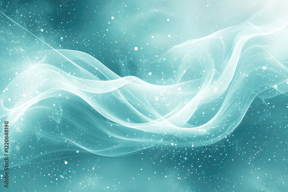Poster Abstract teal background with flowing white translucent waves and sparkling particles.