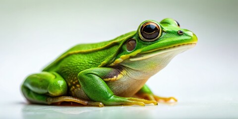 Obraz premium A minimalist close-up of a lone green frog, isolated against a simple green background.