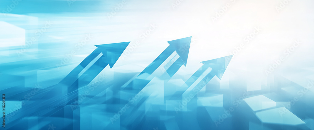 Poster abstract blue arrows pointing upward with light and geometric shapes. business background