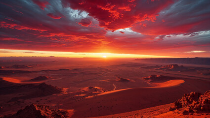 Fototapeta premium Majestic red sunrise illuminating vast desert landscape