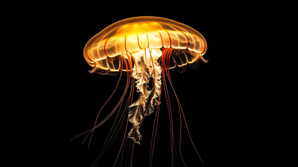 Glowing Golden Jellyfish in the Dark Ocean