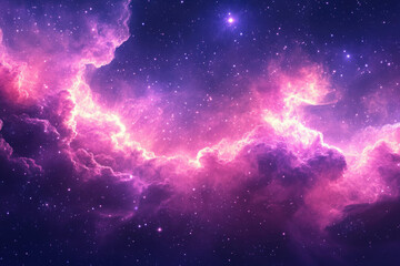 Naklejka premium A breathtaking cosmic landscape of vibrant pink and purple nebulae, scattered with countless stars.