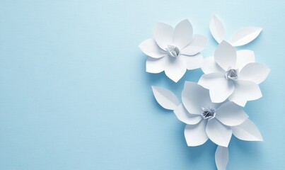 Elegant White Paper Flowers on Light Blue Background, Delicate Origami Blooms, Tranquil Nature-Inspired Papercraft, Blooming Botanical Art, Artistic Floral Composition for Design and Decor,