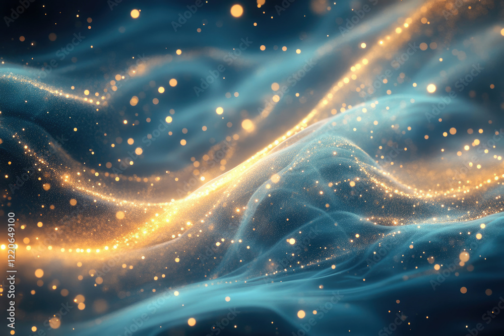 Poster abstract background with golden glitter particles flowing like waves on a dark blue surface.