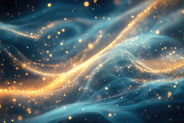 Obraz premium Abstract background with golden glitter particles flowing like waves on a dark blue surface.