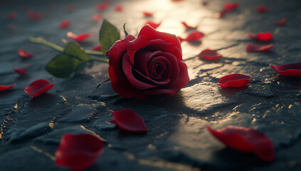 Red Rose on Dark Ground with Scattered Petals, Sunlit and Cinematic Shadow Play.