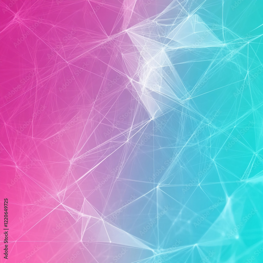 Poster Abstract gradient background with pink and blue connected lines and geometric network. Business background