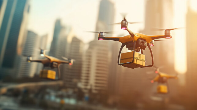 Autonomous drones delivering packages in futuristic urban cityscape, showcasing advanced technology and innovation