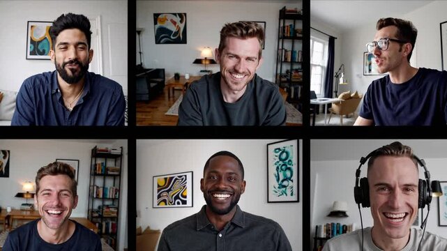 A group of six diverse men smiling during a video call, each appearing in their respective home environments 