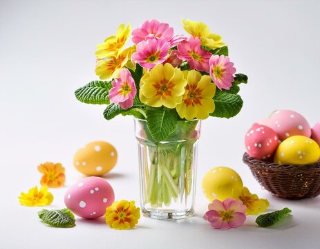 Yellow and opink primrose flowers ina glass with painted Easter eggs against white background. Easter concept. Generated image