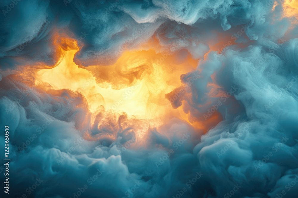 Poster abstract swirling clouds of teal and gold, creating a dreamy, ethereal scene.
