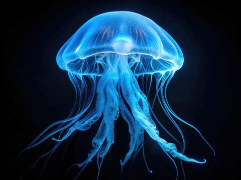 Bioluminescent Craspedacusta sowerbii: Neon jellyfish dance underwater, a mesmerizing spectacle.
