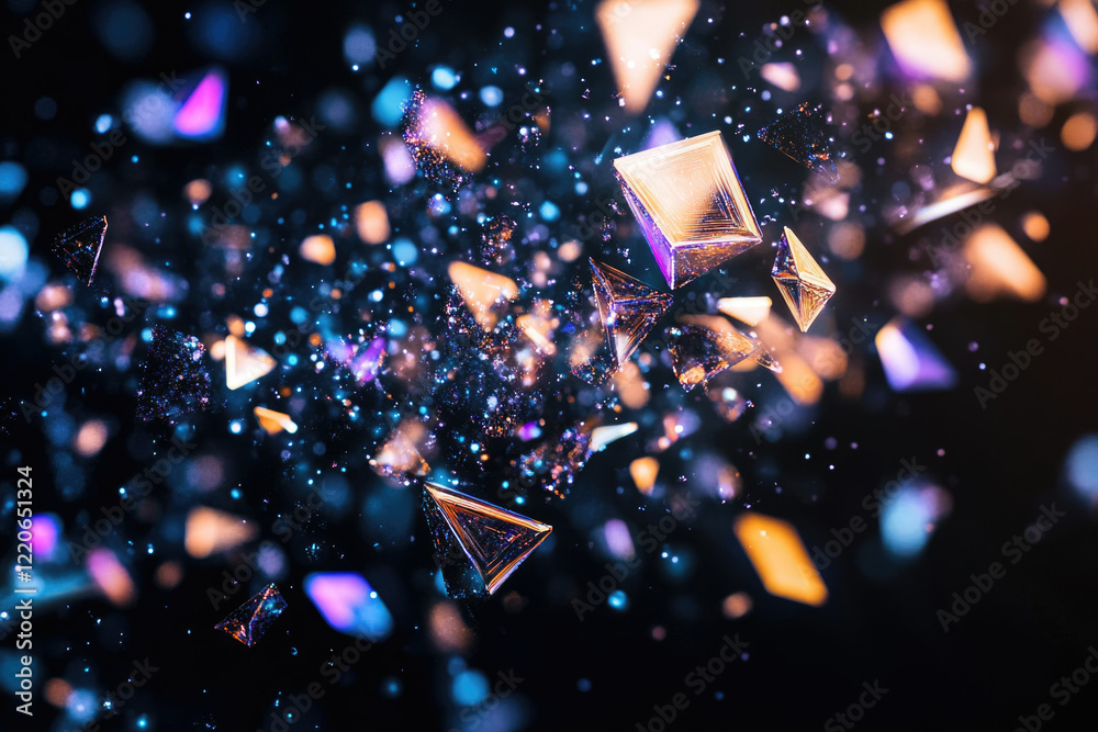 Poster Glowing geometric shapes and particles explode in a vibrant, dark space, creating a dynamic and abstract scene.