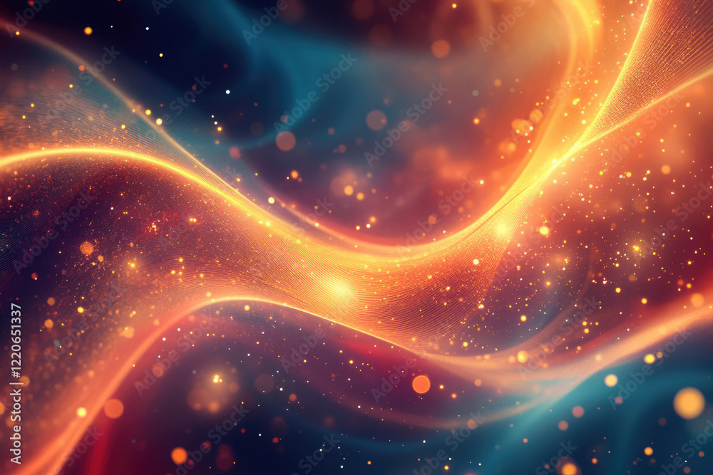 Poster Abstract image with glowing orange and blue waves, sparkling particles and bokeh effect.