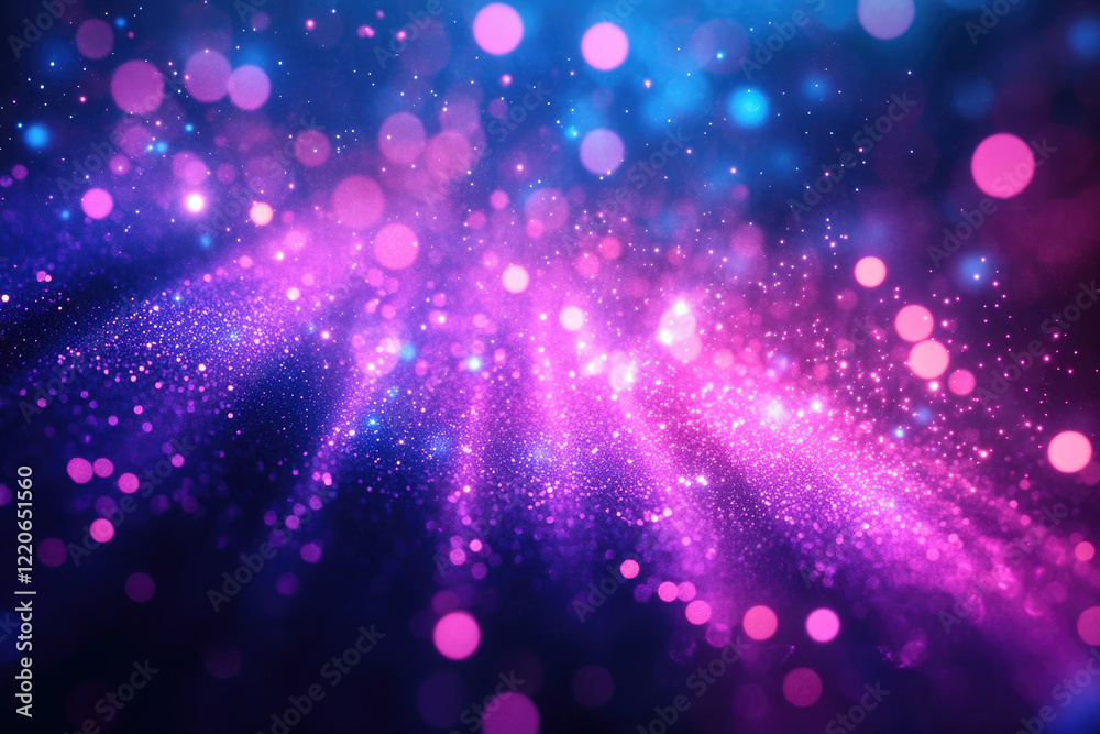 Poster abstract cosmic background with purple and blue glittering bokeh, sparkling particles and vibrant co
