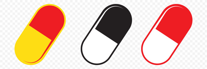 Set of Capsule glyph Pill icons. Medical capsule pictogram isolated on transparent background, soft gel capsule icons in flat styles. Medicament and pharmaceutical symbols. medical designs elements.