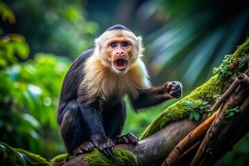 Fototapeta premium Costa Rica White-headed Capuchin Monkey in Rainforest, Angry Gesture, Wildlife Photography