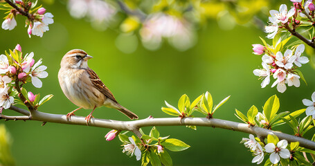 Obraz premium flock of small baby sparrows sits on a branch in a spring sunny garden