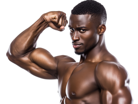 Isolated Muscular African American Man Flexing Bicep