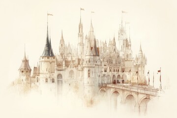 Naklejka premium Magical Castle With Tall Towers and Waving Flags on a Misty Day