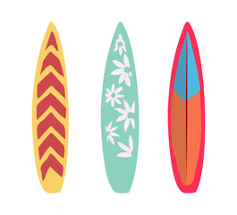 Set of Surfboards with tropic design. Vector flat illustrations isolated on transparent background.