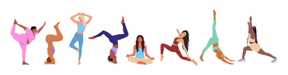 Set of different sportive young woman doing yoga, fitness exercises. Healthy lifestyle. Collection of female cartoon vector characters demonstrating various yoga positions isolated