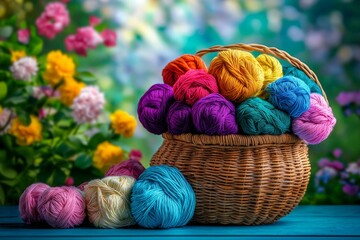 A Vibrant Basket of Colorful Yarn Spools Set Against a Blossoming Garden Backdrop, Inspiring Creative Energy and Knitting Passion