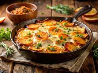 Fototapeta premium Creamy parmesan blankets sweet potato gratin, its golden crust shimmering in a cast iron skillet.