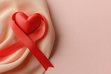 Symbol of Health Awareness Featuring a Red Ribbon Tied Around a Heart on Pastel Pink Fabric Background